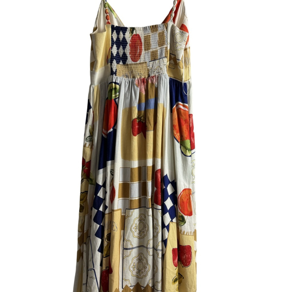 NWT Caroline Constas Linen blend Maxi Dress S White Blue Fruit Print - Picture 4 of 12